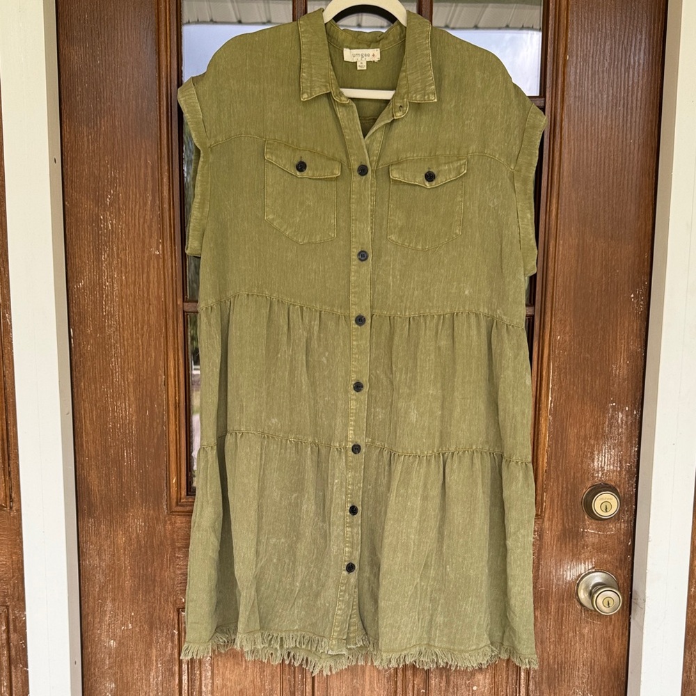 Umgee Olive Green Button-Front Tiered Mini Dress